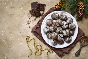 Homemade christmas chocolate cookies with cracks.Top view.