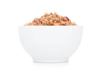 White bowl with natural organic granola cereal