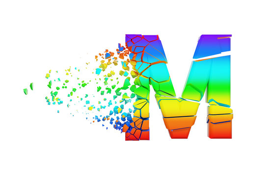 Broken shattered iridescent alphabet letter M uppercase. Crushed rainbow font. 3D render isolated on white background.