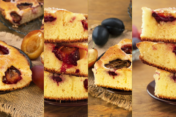 Collage of photos of homemade plum cake cut into pieces.