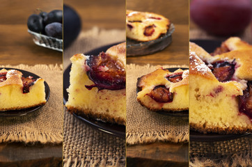 Collage of photos of baked plum cake.