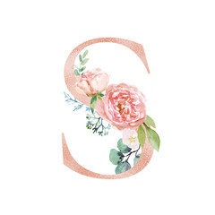 Floral Alphabet - blush / peach color letter S with flowers bouquet composition. Unique collection for wedding invites decoration and many other concept ideas.