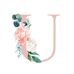 Floral Alphabet - blush / peach color letter U with flowers bouquet composition. Unique collection for wedding invites decoration and many other concept ideas.