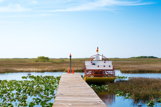 Wooden pier and boat on the everglade