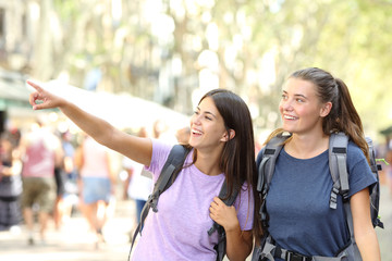 Happy backpacker friends sightseeing