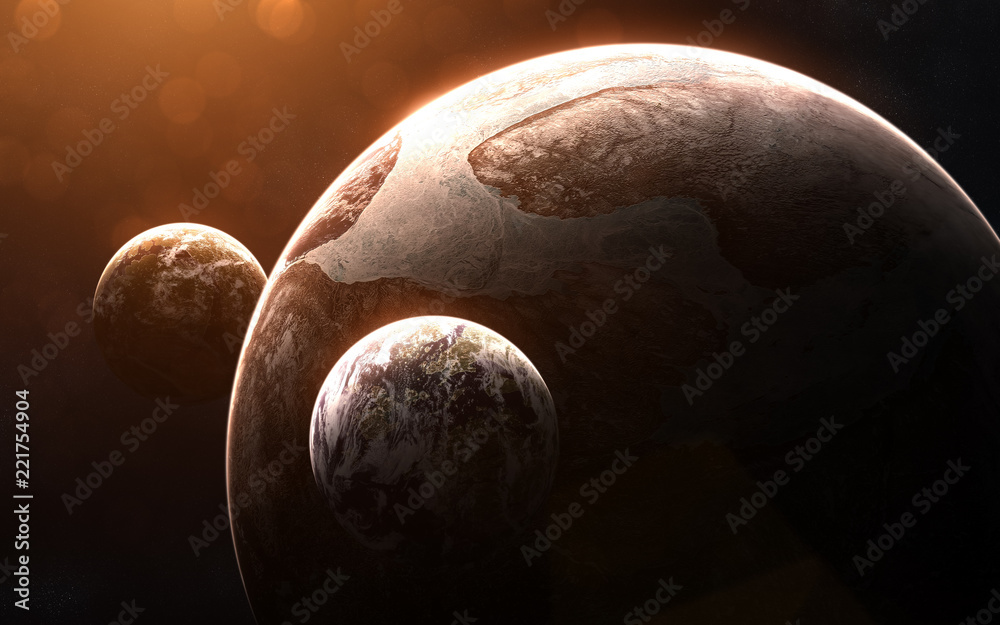 Wall mural cold exoplanet with two moons in light of red star. abstract science fiction. elements of the image 