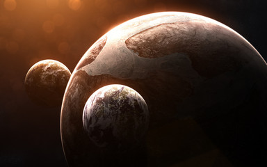 Cold exoplanet with two moons in light of red star. Abstract science fiction. Elements of the image...