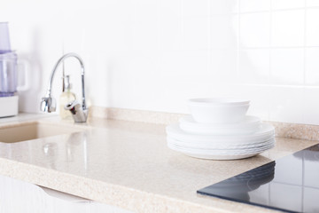 Naklejka na ściany i meble Kitchen white interior with granite countertop