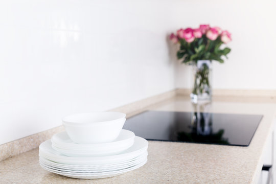 Kitchen white interior with granite countertop