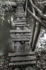 Stara drewniana kładka na leśnej rzece. rezerwat grądy nad Moszczenicą, Szczawin, Zgierz