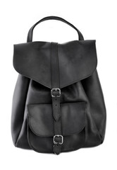 womens leather backpacks isolated on white background. Black leather casual backpack isolated on...