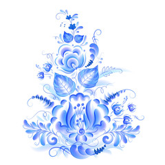 Blue floral motif with leaves and flowers in watercolor gzhel style, vector design element isolated on white