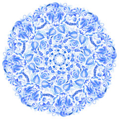 Watercolor style blue vector gzhel circle. Round floral pattern in Russian crafts style. Beautiful decorative design element isolated on white background