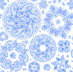 Blue watercolor flowers circles in Russian gzhel style vector seamless pattern tile