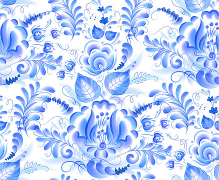 Blue vector watercolor flowers seamless pattern in Russian gzhel style