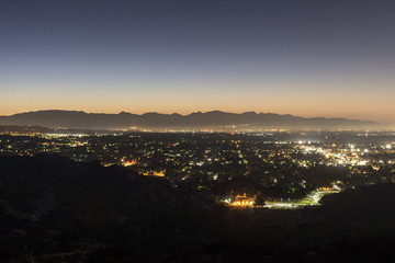 Dawn view of the San Fernando Valley in Los Angeles, California.  Show from the Santa Susana Mountains looking east towards the San Gabriel Mountains.
