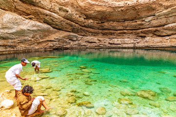 Bimmah Sinkhole in eastern Muscat Governorate, Oman. It is 50 m by 70 m wide and approximately 20 m deep.