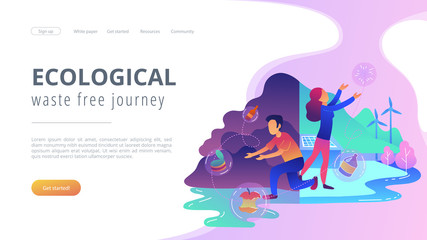 People trying reach zero waste. Technology of ecological waste free journey focusing on landfill trash. Ecological, waste free journey landing page, violet palette. Vector illustration on background