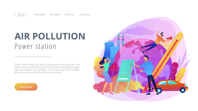 People in panic to announce global heating data. Power station air pollution landing page. Globe with power plant and traffic fumes, global heating. Violet palette.Vector illustration on background