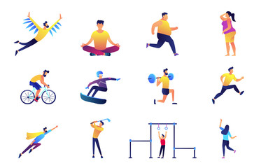 Sport and lifestyle vector illustrations set. Gym, cycling, snowboarder, wightlifter jogging, yoga athletics, dancing, superhero, diet. Vector illustrations set isolated on white background.