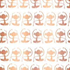 Rose gold foil Monkey silhouettes on white seamless pattern background. Meditating shiny copper metallic monkeys. Great for kids market, kids decor, birthday, fabric design, wallpaper, scrap booking