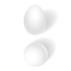 Vector white realistic eggs. Top view and side view chicken eggs isolated with soft shadows on white background.