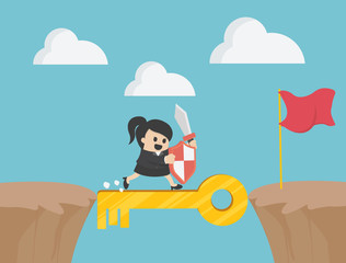 business woman struggles through the steep mountains with the magic keys through to the victory flag.