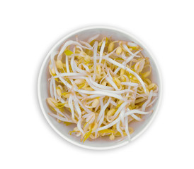 bean sprouts in the white bowl isolated on white background, top view, flat lay