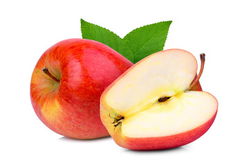 whole and half sonya red apple with green leaf isolated on white background