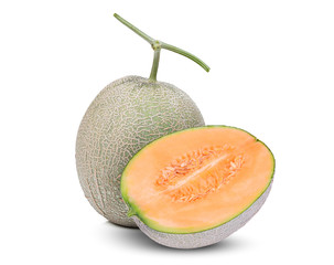 whole and half japanese melons, orange melon or cantaloupe melon isolated on white background