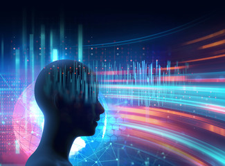 Obraz premium silhouette of virtual human on brain delta wave form 3d illustration