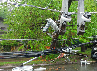Storm damaged electric transformer on a pole and a tree