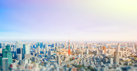 panoramisch moderne skyline van de stad luchtfoto onder de blauwe hemel in Tokio, Japan