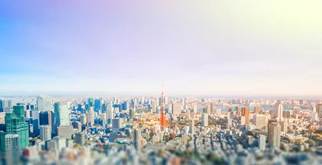 Fotobehang Tokio panoramisch moderne skyline van de stad luchtfoto onder de blauwe hemel in Tokio, Japan