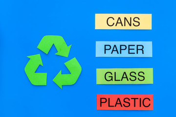 Types of matherial for reycle and reuse. Printed words plastic, glass. cans, plastic near eco symbol recycle arrows on blue background top view