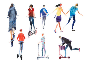 Male and female characters people performing summer outdoor activities.