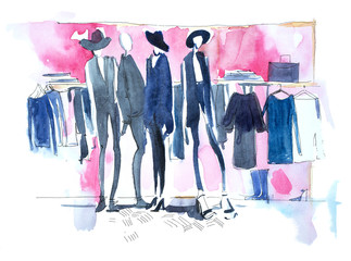 Shopping woman in clothing store Watercolor illustration