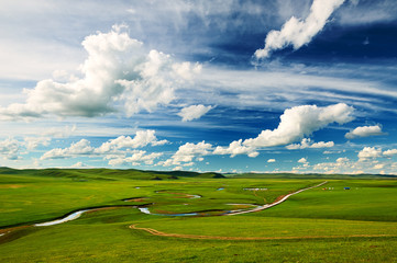 The cloudscape and summer grassland of Hulunbuir of China.