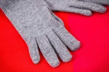 Womanly gloves and shawl as clothes for autumn or winter, warm apparel concept