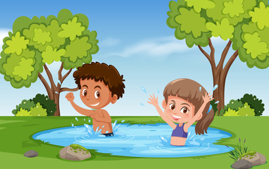 Obraz na płótnie Canvas Boy and girl playing in water