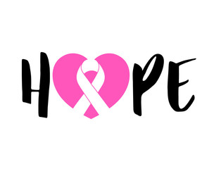 Hope lettering design with ribbon in pink heart. Breast Cancer Awareness Month Campaign. For poster, banner and t-shirt. Vector Illustration isolated on white background.