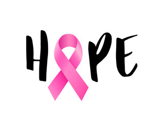 Hope lettering design with pink ribbon. Breast Cancer Awareness Month Campaign. For poster, banner and t-shirt. Vector Illustration isolated on white background.