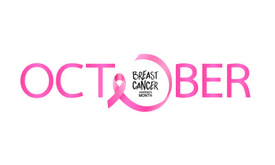 October lettering design with pink ribbon. Breast Cancer Awareness Month Campaign. For poster, banner and t-shirt. Vector Illustration isolated on white background.