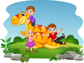 Cartoon little kid playing on the dinosaur