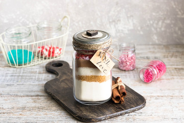 Mixture of ingredients for baking cookies for Valentine's Day