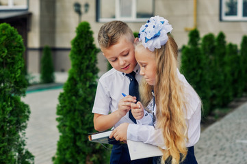 Primary school students at recess . Students do homework near the house .