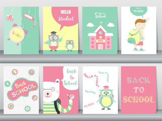Fototapeta na wymiar Set of Back to School card set, school kids, chalkboards, learning,animal,cool, Vector illustration. 