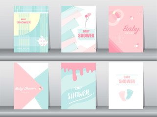 Obraz premium Set of baby shower card on retro pattern design,vintage,poster,template,greeting,Vector illustrations 