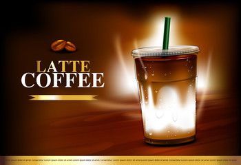 Iced coffee takeaway cup with coffee beans and wooden background