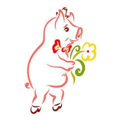 A cheerful pig, gentleman in a hat and tie with a flower in his paw